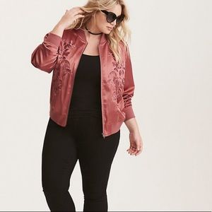 Embroidered mauve satin bomber jacket from Torrid